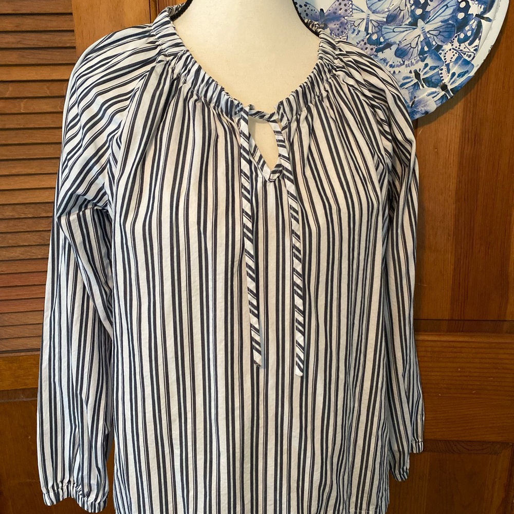 Nine West Blue White Tie Front long Sleeve Blouse Size M